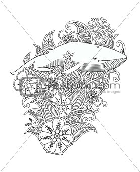 Coloring page with whale in flowers and leafs isolated on white background.