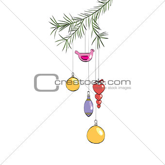 Christmas toys hanging on a branch