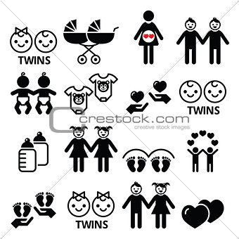 Twin babies icons set - double pram, twin boy and girl designs
