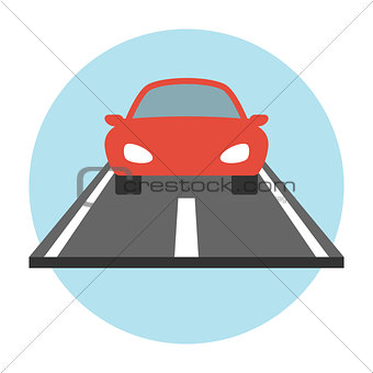Car on the road icon flat