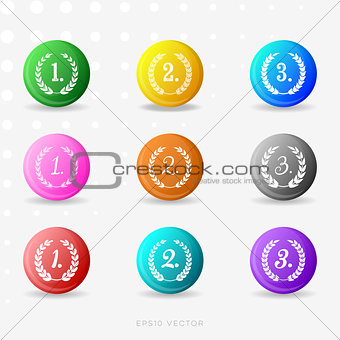 Vector round colorful medals with laurel wreaths