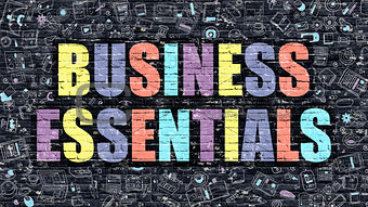 Multicolor Business Essentials on Dark Brickwall. Doodle Style.
