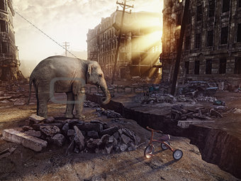 an elephant and the ruins of a city