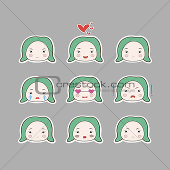 Cute cartoon style drawing of little cutie green turquoise hair babygirl face