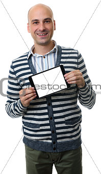 casual man presenting somenhing on blank digital tablet
