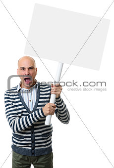 angry man screams and holds a blank placard