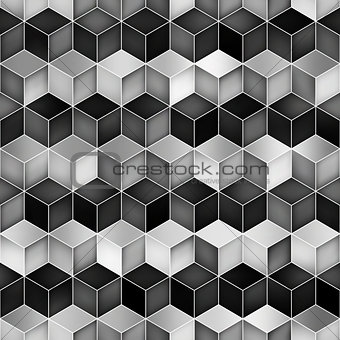 Vector Seamless Greyscale Gradient Cube Shape Rhombus Grid Geometric Pattern