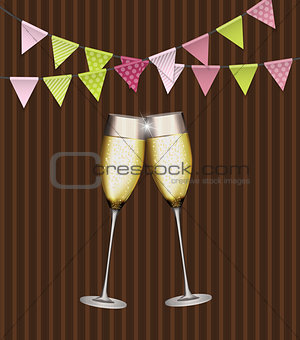 Party Background with Flags and Glasses of Champagne. Vector Ill