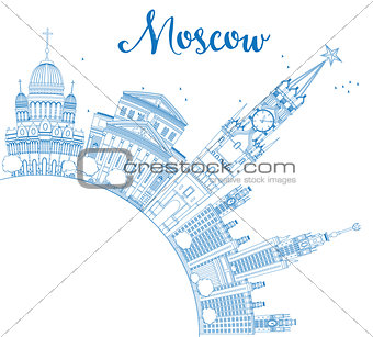 Outline Moscow Skyline with Blue Landmarks and Copy Space.
