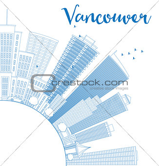 Outline Vancouver skyline with blue buildings and copy space. 