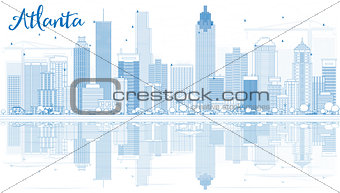 Outline Atlanta Skyline with Blue Buildings and Reflections.
