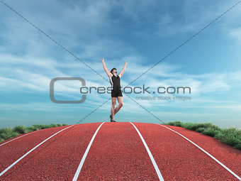 Athlete runner rises his hands to the sky