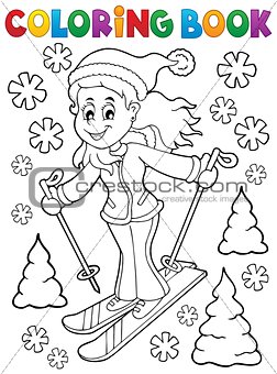 Coloring book skiing woman theme 1
