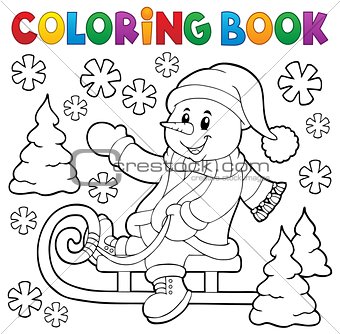 Coloring book snowman on sledge theme 1