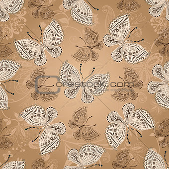 Seamless beige pattern with butterflies 