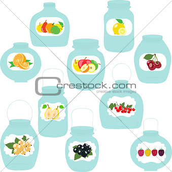 Jars set, label with fruits and berries, vector illustration