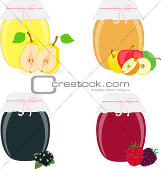 Jam jars, pear, apple, currants, raspberries, blackberries. Isolated On White Background, Vector Illustration