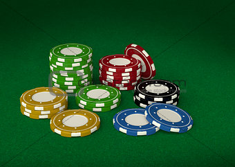 Casino chips 3D on green velvet