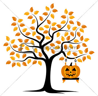 autumn tree and halloween pumpkin