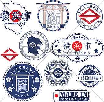 Yokohama, Japan. Set of stamps and signs