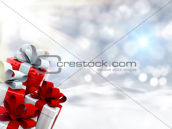 3D Christmas gifts in snowy landscape