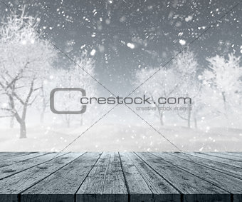 3D wooden table looking out to winter landscape