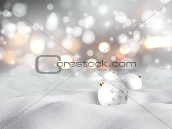 3D snowy scene with Christmas baubles