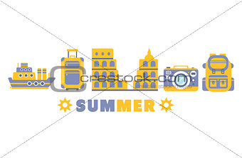 Summer Vacation Symbols Set By Five In Line