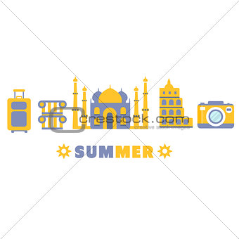 Touristic Summer Vacation Symbols Set By Five In Line