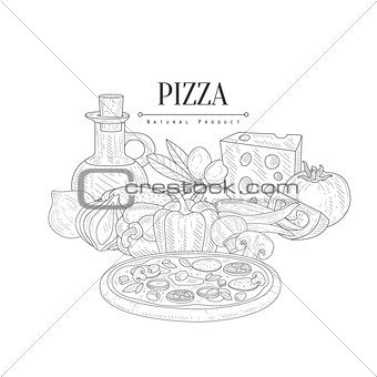 Pizza Cooking Ingredients Still Life Hand Drawn Realistic Sketch