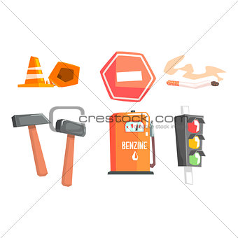 Road Sign, Cones, Hammers, Cigarette, Petrol Filling And Street Light