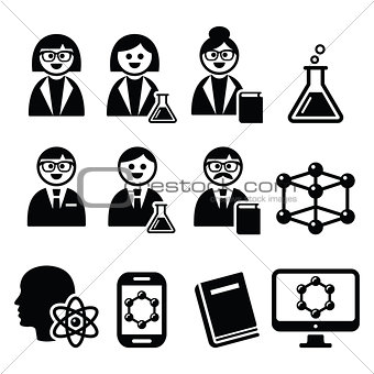 Scientist woman and man, science icons set