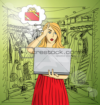 Vector woman buy Christmas gifts online