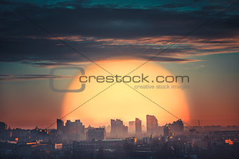 Aerial view of city sunset