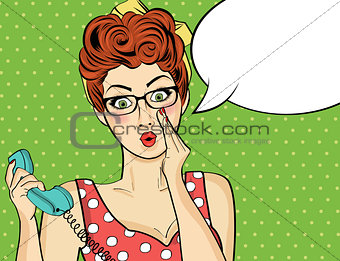 Surprised  pop art woman with retro phone, who tells her secrets