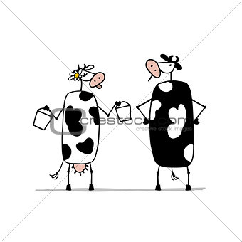 Funny bull and cows with buckets of milk, sketch