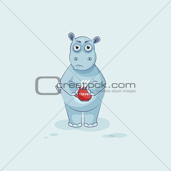 Emoji character cartoon Hippopotamus nervous with cup of coffee