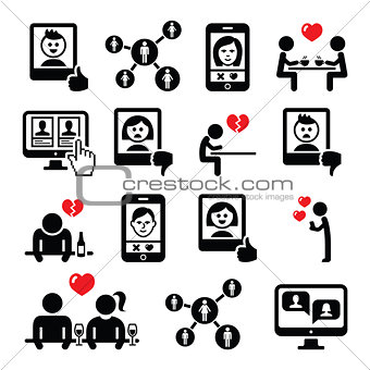 Online dating apps, couples on date vector icons set