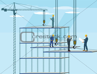 Construction building with Crane, workers and architect