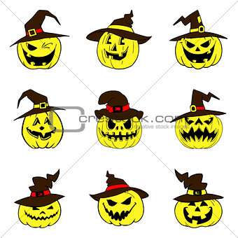Set of halloween pumpkins with hat