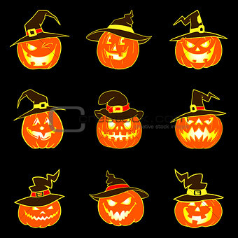 Set of halloween pumpkins with hat