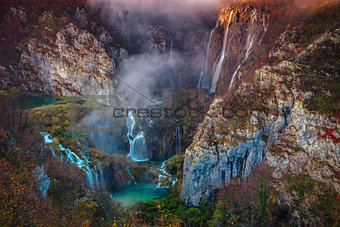 Plitvice Waterfall in autumn.