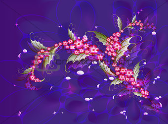 Abstract composition with branch of Sakura flowers on a dark blue background with stars, sparkles and drops of dew. EPS10 vector illustration