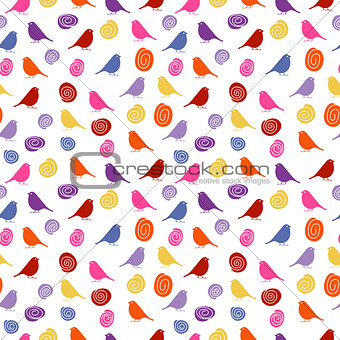 Colorful birds on white background, seamless pattern