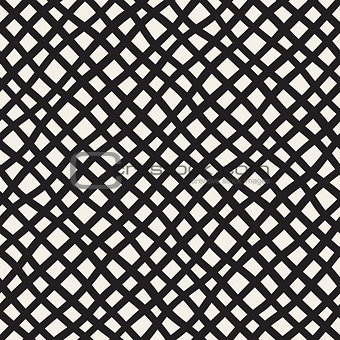 Vector Seamless Black and White Hand Drawn Diagonal Grid Pattern