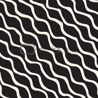 Vector Seamless Black and White Hand Drawn ZigZag Diagonal Stripes Pattern