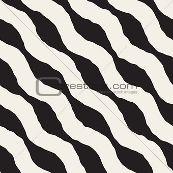 Vector Seamless Black and White Hand Drawn Wavy Diagonal Stripes Pattern