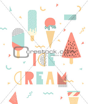 Bright illustration with ice cream. Memphis