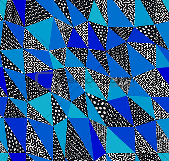 Seamless abstract vector collage retro quilt patterns in black, grays and blue.