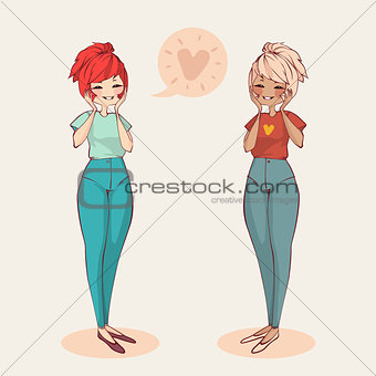 Two Cute Smiling Girls Speaking About Love  Vector Illustration